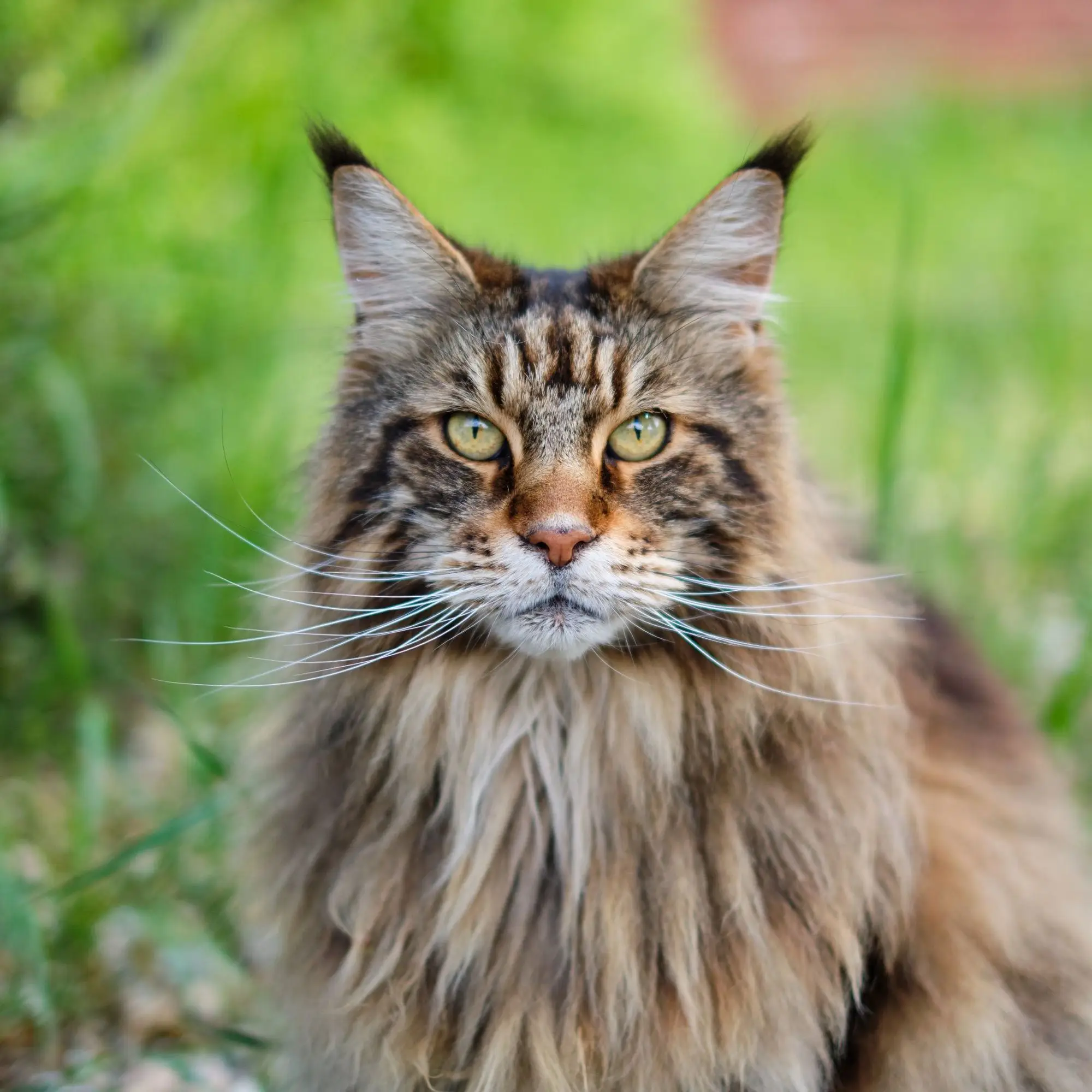 Maine Coon tigré à la crinière fournie et aux oreilles à plumets assis dans l'herbe